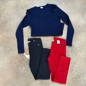 Polarn O. Pyret Navy Ruffle Top with Navy and Red Leggings Set